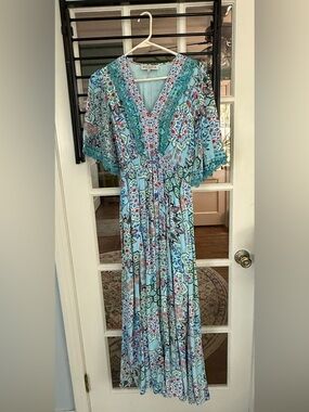 Hale Bob Teal & Aqua Floral Maxi Dress